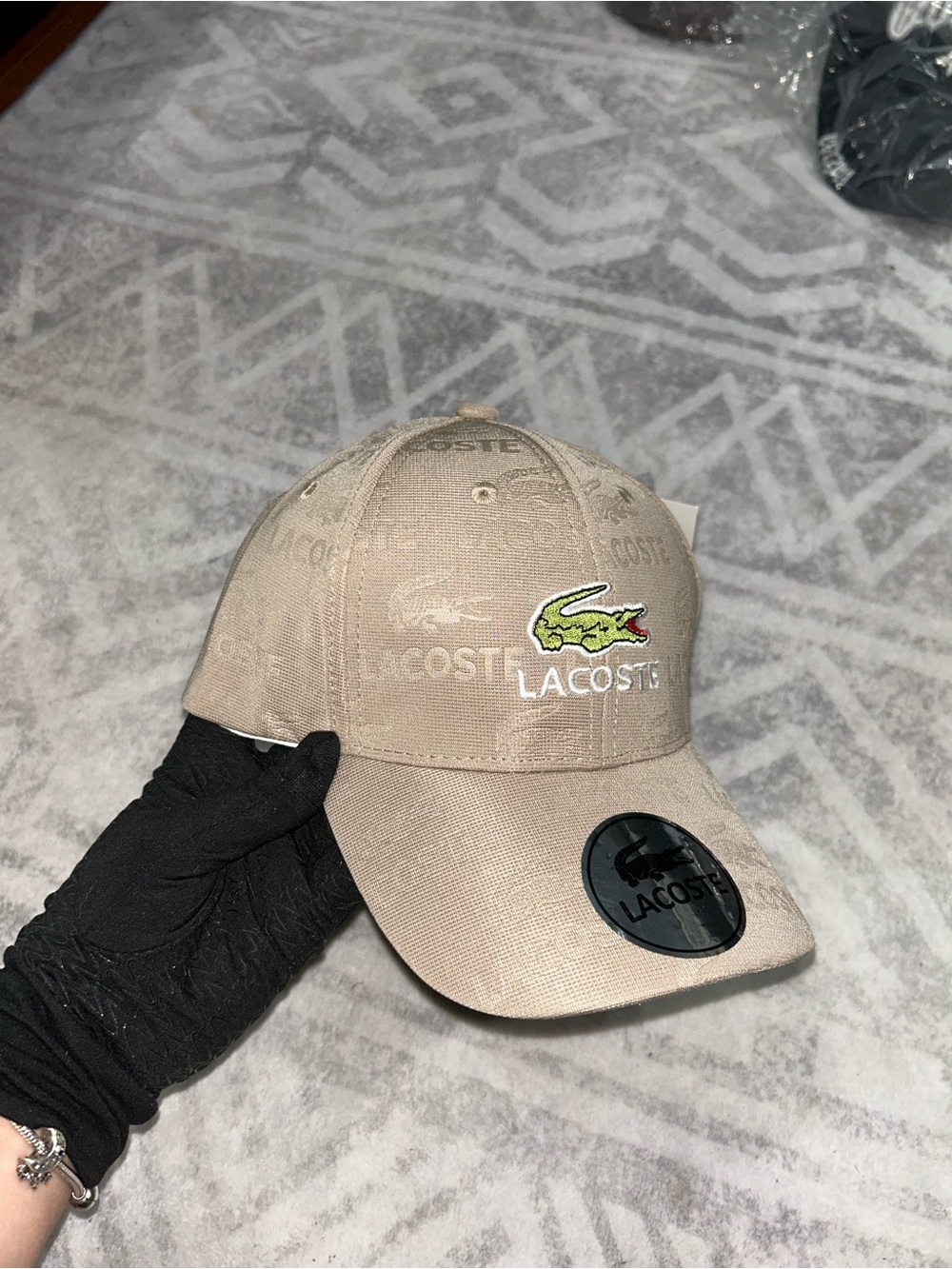 Lacoste Beige Cotton Croc Logo Baseball Cap with Green Embroidered Crocodile